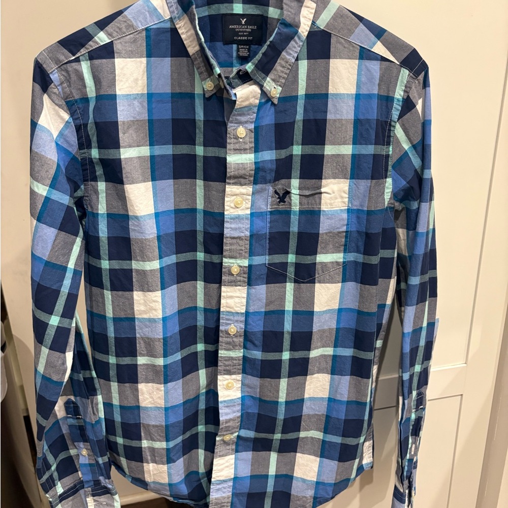 American Eagle Outfitters Navy and Light Blue Plaid Shirt